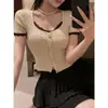 25 Nuevo Suéter de Punto de Manga Corta con Cuello de Encaje para Mujer Verano Nuevo Puro Ajustado de Cintura Corta Camiseta Superior