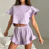 Conjunto de Verano Europeo y Americano para Mujer con Estampado, Mangas Cortas con Volantes, Cuello Redondo, Shorts y Conjunto de Dos Piezas para Dormir, Estilo de Moda Europeo y Americano 2026