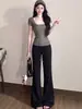 Pantalones de yoga negros microacampanados para mujer, pantalones casuales de otoño de cintura alta, adelgazantes, con caída relajada, protección solar para fitness y deportes