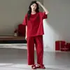 Pijama de Algodón Lycra para Mujer, Rojo Festivo Sencillo Casual de Manga Corta y Pantalón Largo para Pareja de Recién Casados, Conjunto de Ropa para el Hogar para el Año de Nacimiento