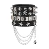 Pulseira Punk Exagerada Transfronteiriça com Rebites Pontiagudos Afunilados, Pulseira de Couro de Três Fileiras, Pulseira de Caveira Rock Escuro