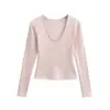 Camiseta Sexy de Manga Larga con Cuello en U y Forro de Felpa Otoño e Invierno Nueva Elegante Versátil Ajustada de Color Sólido Camiseta Base para Mujer