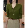 Blusa de tricô com decote V e manga longa em estilo coreano para mulheres, nova peça de outono, corte justo, versátil, modeladora, top elegante
