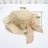 Novo Chapéu de Palha Tecido de Verão da Moda para Mulheres, Chapéu de Sol de Praia com Aba Larga para Proteção Solar, com Laço e Formato Ondulado