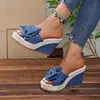 Sandalias de cuña de paja de verano estilo petite con lunares, de punta abierta, con tacón alto y lazos, para mujer, de importación transfronteriza, en stock