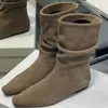 Nuevas Botas Cortas de Cuadrado Estilo Coreano para Mujer Otoño/Invierno 2026, Botines plisados de Verano, Botas Largas de Tacón Medio, Botas de Moda Marrones