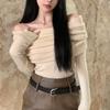 Desejo Puro Cuidado Blusa Base Tricotada Ombro a Ombro para Mulheres, Suéter Grosso de Outono e Inverno com Design Único e Mangas Compridas