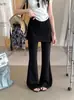 Chanlan Otoño/Invierno Pantalones de Dos Piezas Falsas Gris Oscuro Micro-Campana Moda para Mujer Pantalones Casuales con Terciopelo Interior Pantalones de Campana de Cintura Alta