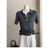 Camiseta de Seda Gelada Manga Curta Gola Polo Ombro Reto Cinza para Mulheres, Tricô de Verão, Top Petite Curto Slim-Fit