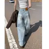 Calças largas de brim estilo americano, com aspecto desgastado, lavadas, onduladas, para mulheres, outono, casuais, fluidas, de perna curva, corte reto, compridas