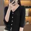 Nuevo estilo de verano cárdigan de punto de algodón puro con rayas verticales, mangas tres cuartos, chaqueta de color liso con cuello en V estilo coreano, top hueco de color liso para mujer