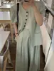Tallas actualizadas disponibles: Conjunto de chaqueta de verano chic coreana de manga corta nueva + pantalones largos de pierna ancha adelgazantes
