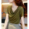 Camiseta de Verano 2025 Nueva para Mujer, Color Sólido, Manga Corta, Estilo Chanel, Sencilla y Versátil, con Cuello Alto Apilado Elegante