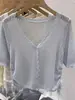 Nuevo Cárdigan de Manga Corta para Verano Ropa Exterior Tejido Fino Hueco Blusa Diseño Femenino Top Corto con Cuello en V y Cordón