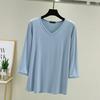 Camiseta de Sete Mangas Modal de Estilo Coreano Feminina Outono Decote V Slim-fit Base Camisa Solta para Todos os Combos Cor Sólida Top