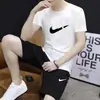 Traje de Algodón de Verano Pantalones Cortos de Manga Corta Conjunto Deportivo Holgado Transpirable Absorbe el Sudor Marca de Moda 2 Piezas Traje Estampado para Hombre