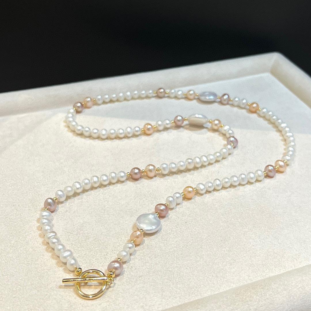 时尚百搭天然淡水珍珠项链女彩色串珠小众OT扣高级感