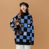 Moda Callejera Holgado Estilo Perezoso Pareja Suéter de Punto Cuello Alto Cuadros Plaid Retro Americano para Hombres y Mujeres en Otoño e Invierno
