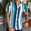 Camisa nueva para hombre de estilo transfronterizo, fresca, a rayas, impresión digital 3D, cárdigan casual hawaiano de manga corta