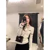 Camiseta base de punto con cuello polo blanco para mujer, top de manga larga de primavera, bloques de color vintage, estilo Chanel, suéter ajustado