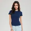 Camiseta Básica de Manga Curta Cor Sólida Estilo Americano para Mulheres, Tecido de Toque Nu de Secagem Rápida para Yoga, Modelagem Justa, Top Fitness Esportivo Emagrecedor para Corrida