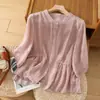 Camisa de algodão e linho lisa artística plus size para mulheres, novo estilo verão 2024, corte solto, emagrecedor, elegante, casual, top de algodão e linho