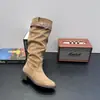Botas Empilhadas com Babados Femininas 2026 Outono Salto Bloco Emagrecedoras Versáteis Botas da Moda Acima do Joelho Botas Longas Femininas Botas Western Cowboy