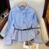 Item Popular de Alta Qualidade das Treze Linhas de Guangzhou ~ Camisa de Manga Longa com Fita Xadrez para Mulheres, Novo Top de Outono com Design de Cintura Amarrada