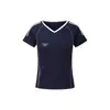 Camiseta Azul de Cuello en V de Manga Corta Estilo Americano para Mujer, Diseño de Verano, Top Deportivo Ajustado de Media Manga
