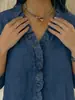 2026 Primavera/Verano Transfronterizo Amazon Europeo y Americano Camisa Casual de Mujer de Mezclilla Sintética con Cuello en V y Volantes