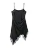 Vestido de Verano 2026 Estilo Nuevo Sexy Estilo Europeo y Americano para Mujer con Ribete de Encaje y Tirantes Finos, Vestido Corto de Color Sólido con Dobladillo Irregular