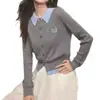 Elegante Cárdigan Gris de Punto Trenzado Falso Dos Piezas Top Estilo Universitario Nuevo Otoño Temprano con Cuello Polo para Mujer