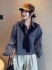 Moda Outono 2025 Nova Versátil Solta Emagrecedora Gola Manga Longa Camisa Feminina Casual Retrô Conjunto de Duas Peças