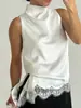 Conjunto de Chaleco Blanco de Cuello Alto sin Mangas Estilo Puro Deseo con Nuevo Top Ajustado al Cuerpo con Incrustaciones de Encaje y Falda Corta que se Ajusta a la Cadera