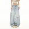 YECHUAN#Calça Jeans Feminina de Verão Estilo Retrô Americano Cintura Alta Rasgada High Street Solta com Caimento Reta Perna Larga