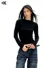 Camiseta Básica de Manga Larga de Color Sólido con Cuello Redondo Estilo Americano 11Kn para Mujer, Top Versátil de Corte Ajustado que Ceñe la Cintura
