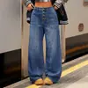 2025 Nuevo Amazon Europeo y Americano Transfronterizo Pantalones Rectos de Cintura Media para Mujer Pantalones con Bolsillos con Solapa Delanteros y Traseros Jeans Casuales de Pierna Ancha