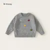 Bangxuan Huzhou Zhili Roupa Infantil Suéter para Meninas Gola Redonda Floral Manga Longa para Bebê Versátil Top de Malha Infantil