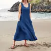 Estación Independiente de Amazon Verano Europeo y Americano Comercio Exterior 19 Colores Bolsillo Sin Mangas Cuello Redondo Vestido de Algodón y Lino para Mujer en stock