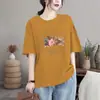 Camiseta de Manga Corta de Algodón Holgada Talla Grande para Mujer, Nuevo Estilo de Verano, Cuello Redondo, Estampado Floral, Algodón Puro, Hombro Normal, Manga Media