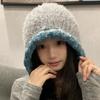Gorro con orejeras de felpa de estilo coreano para otoño e invierno, nuevo gorro de felpa con puntera, cálido y combinable, gorro de punto de lana con cordón de colores combinados.