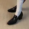 Primer Encuentro Ji Zapatos de Tacón Grueso Mocasines para Mujer Estilo Británico Hebilla Retro Slip-on Elegantes Zapatos Pequeños de Cuero