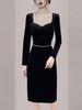 Elegante y Digno Vestido 2026 Verano e Invierno Nuevo Vestido Negro de Terciopelo para Mujer Vestido de Noche Elegante para Banquetes