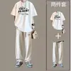 Traje Casual de Manga Corta para Hombre Verano Juventud Estilo Hong Kong Atractivo Ins Moda Camiseta con Pantalones Largos Conjunto de Dos Piezas