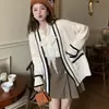 Nuevo Estilo Coreano Holgado de Longitud Media con Bolsillos Preppy Moda Suéter Cárdigan Chaqueta Punto para Mujer Talla Única Blanco