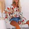En Stock Ropa de Mujer de Comercio Exterior Transfronterizo Europeo y Americano, Tops Estilo Vacaciones Casuales con Escote Bardot/Asimétrico y Mangas de Campana Estampadas