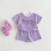 Traje de verano a cuadros de algodón fino para bebés, niños y niñas, camiseta de manga corta con estampado de frutas, pantalones, conjunto de dos piezas