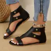 En Stock 2025 Transfronterizos Talla Grande Retro Color Sólido Sandalias Peep-Toe Comercio Exterior Huecas de Punta Abierta con Cremallera Trasera Sandalias Planas para Mujer