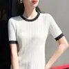 Camiseta de tricô casual com gola redonda, vazada, de manga curta, estilo francês, para mulheres, top fino de verão, modelagem justa com cores contrastantes