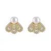 Pendientes de Encaje Estilo Francés Lujo Ligero Perla de Agua Dulce Forma de Abanico Pendientes Huecos Tallados Vintage para Mujer con Pasadores de Plata 925